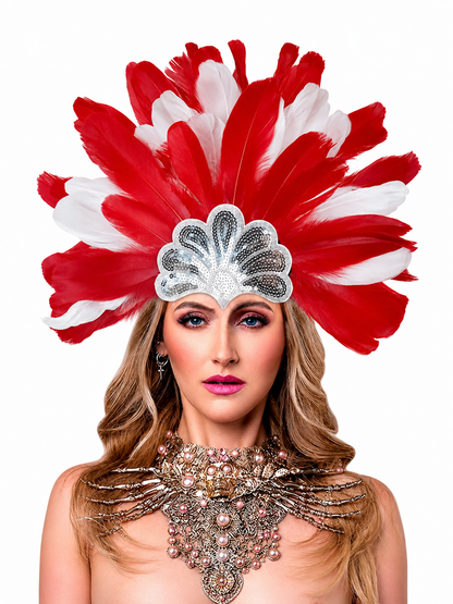 Carnival Headpiece with Red and White Feathers