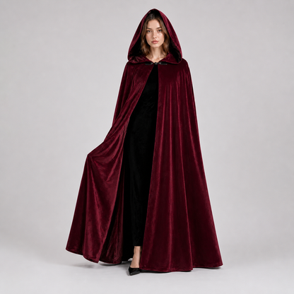 Full-body female model wearing a burgundy velvet-textured hooded cape with the hood up and one side held open