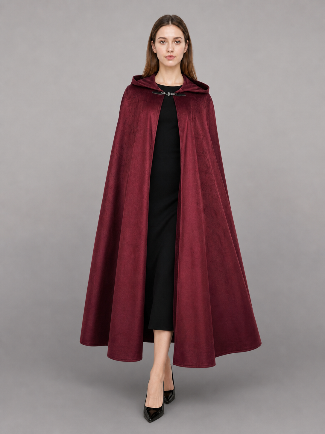 Long burgundy carnival cloak with hood