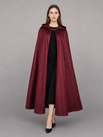Long burgundy carnival cloak with hood