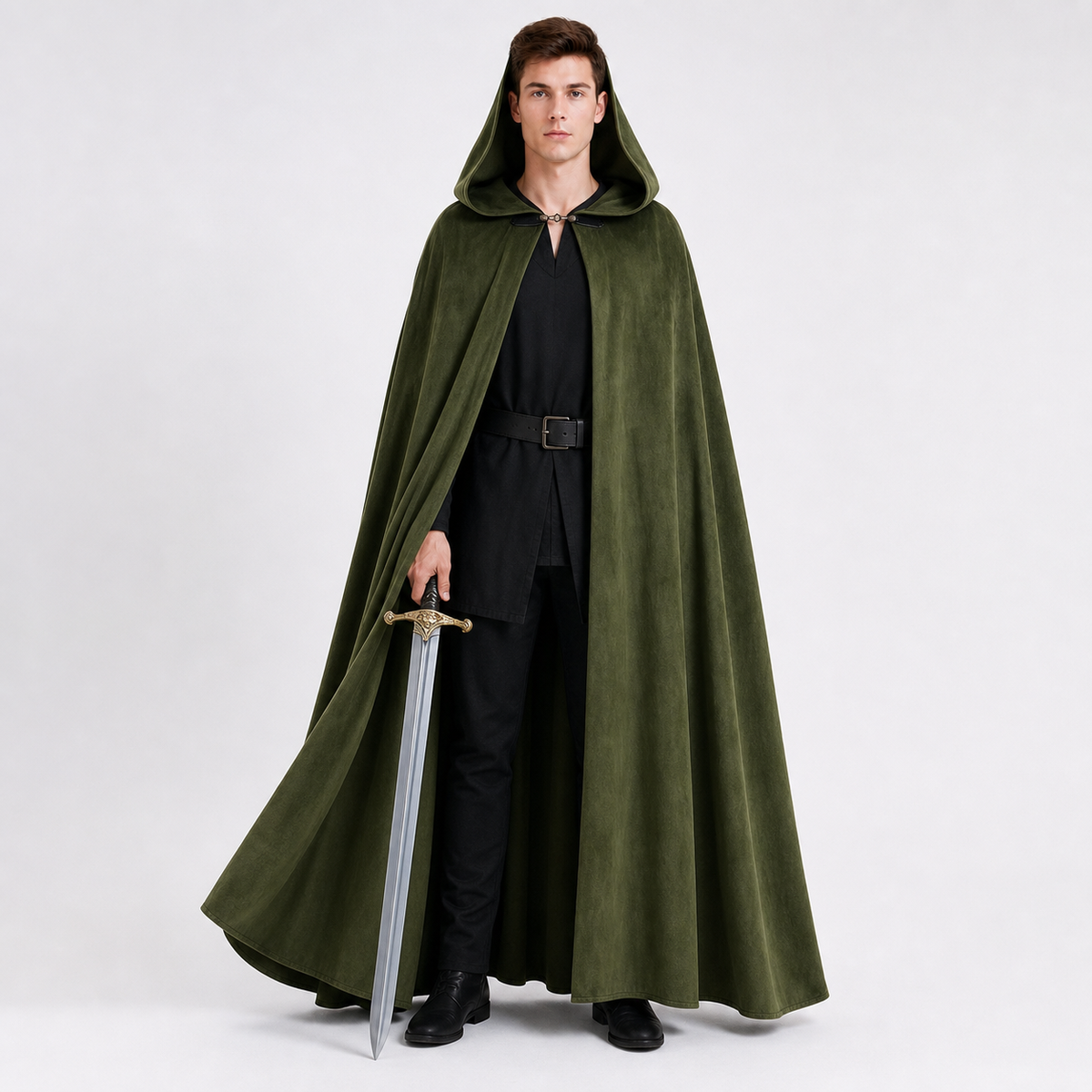 Dark olive green hooded cloak on a full-body male model, shown with a black outfit and a large decorative sword