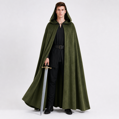Dark olive green hooded cloak on a full-body male model, shown with a black outfit and a large decorative sword