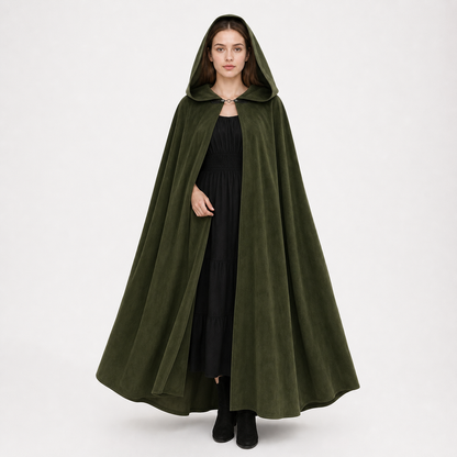 Dark olive green hooded cloak on a full-body female model, with a soft velvety look, front clasp, and long flared hem