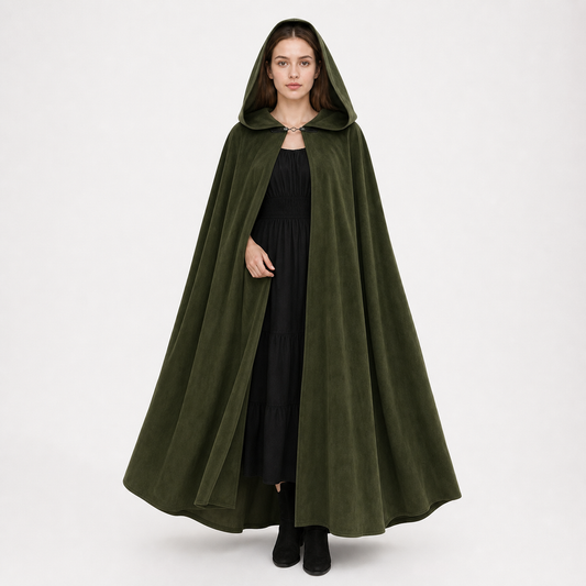 Dark olive green hooded cloak on a full-body female model, with a soft velvety look, front clasp, and long flared hem