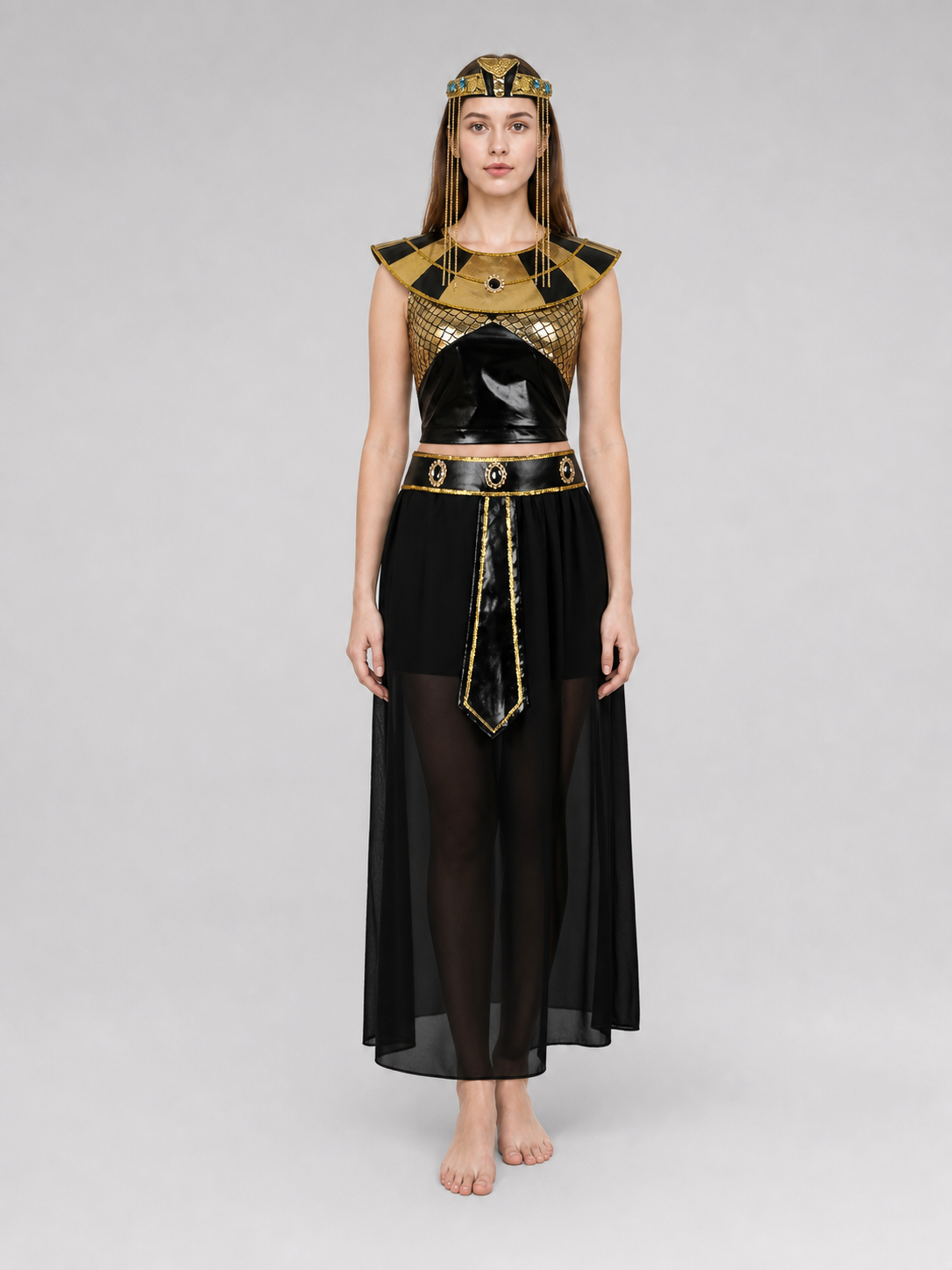 Black and gold costume set shown full-body on a model, with a sheer skirt, metallic-look collar, belt, and headpiece