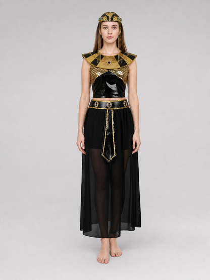 Black and gold costume set shown full-body on a model, with a sheer skirt, metallic-look collar, belt, and headpiece