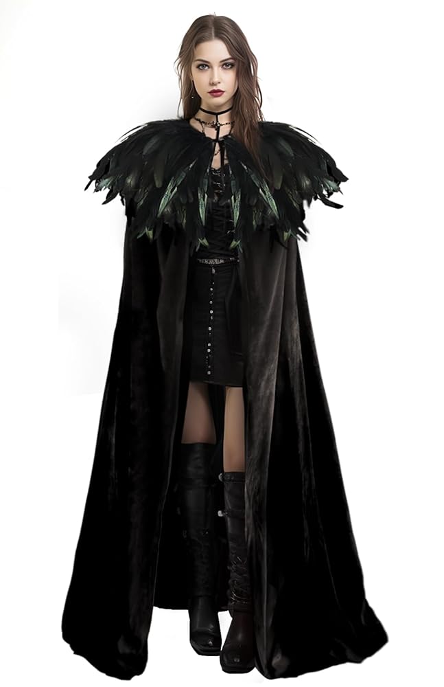 Black velvet cape on a full-body model, with layered black feathers around the shoulders and tie fastening at the neck