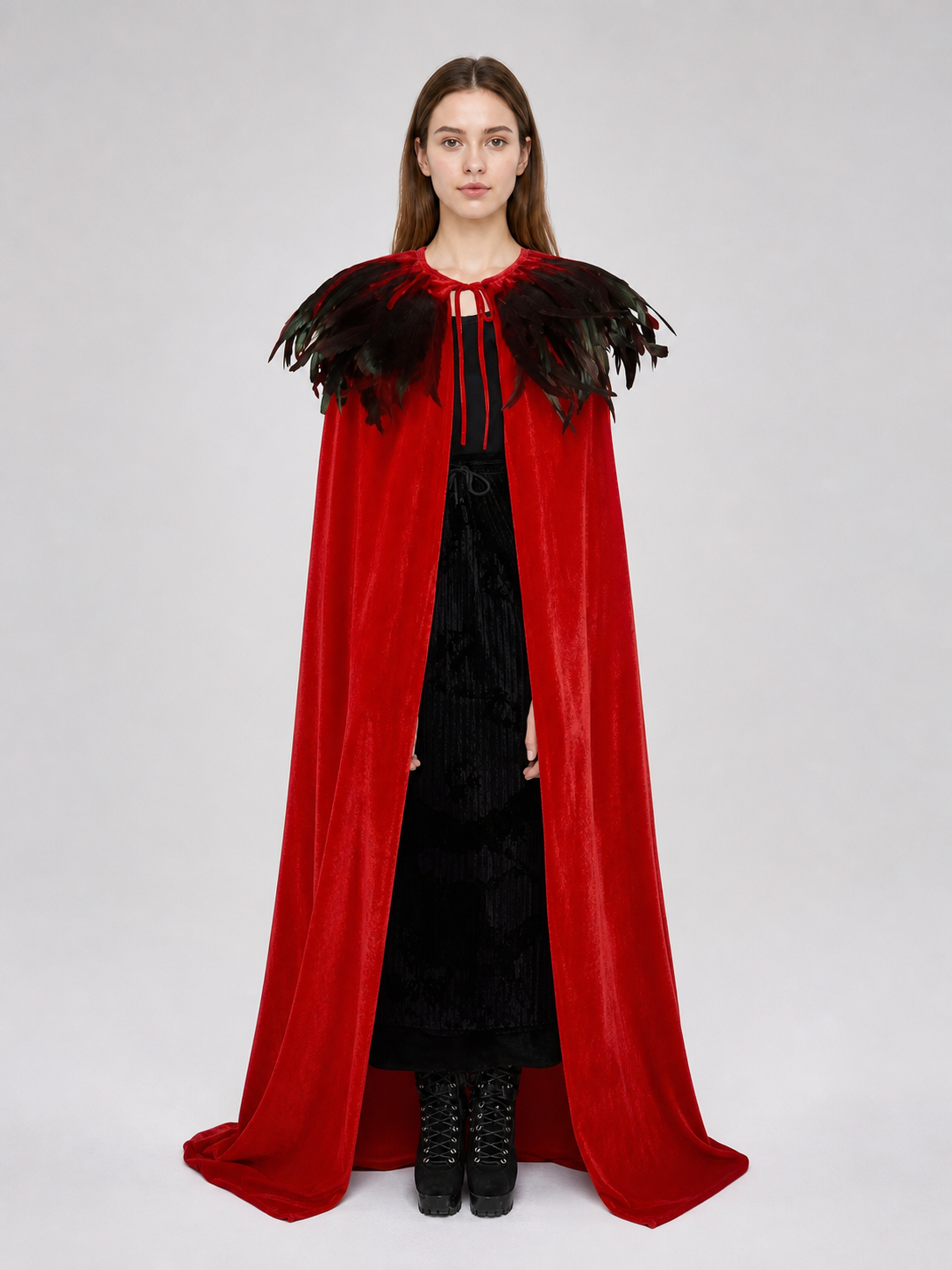 Red Velvet Cape with Feather Trim