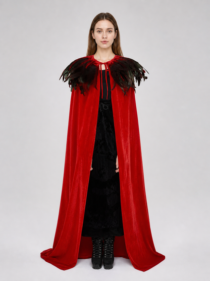 Red Velvet Cape with Feather Trim