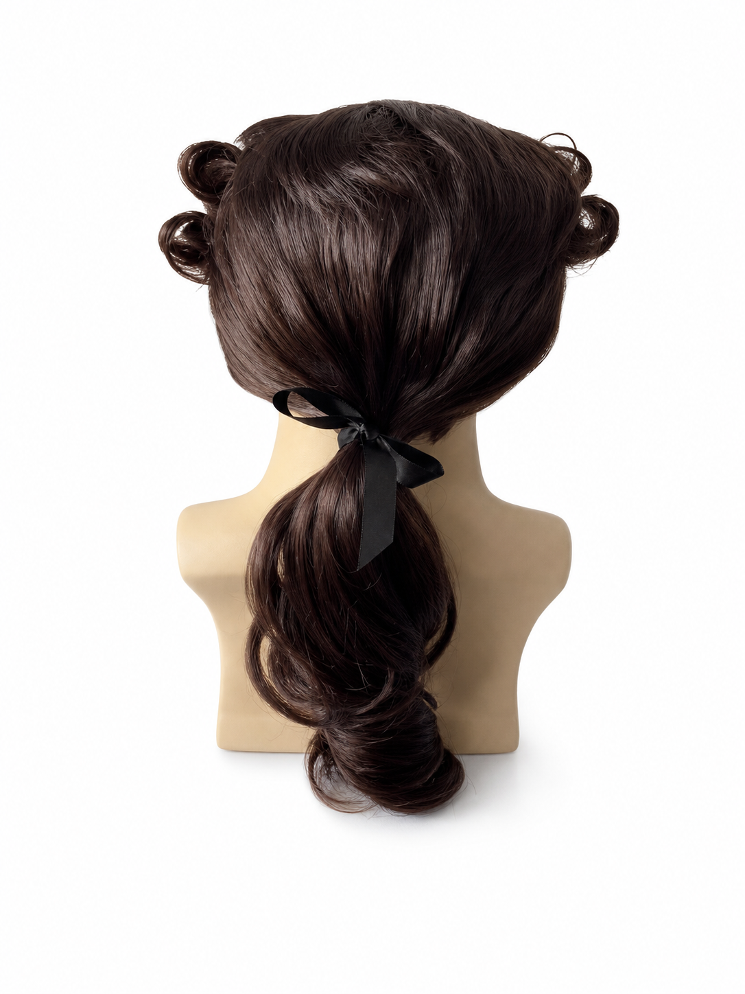 Dark brown glossy costume wig displayed on a mannequin from the back, with curled side sections, a low ponytail, and black ribbon