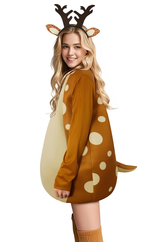 Brown and cream spotted deer costume with antler headband, ears, and tail, shown in a side view on a model