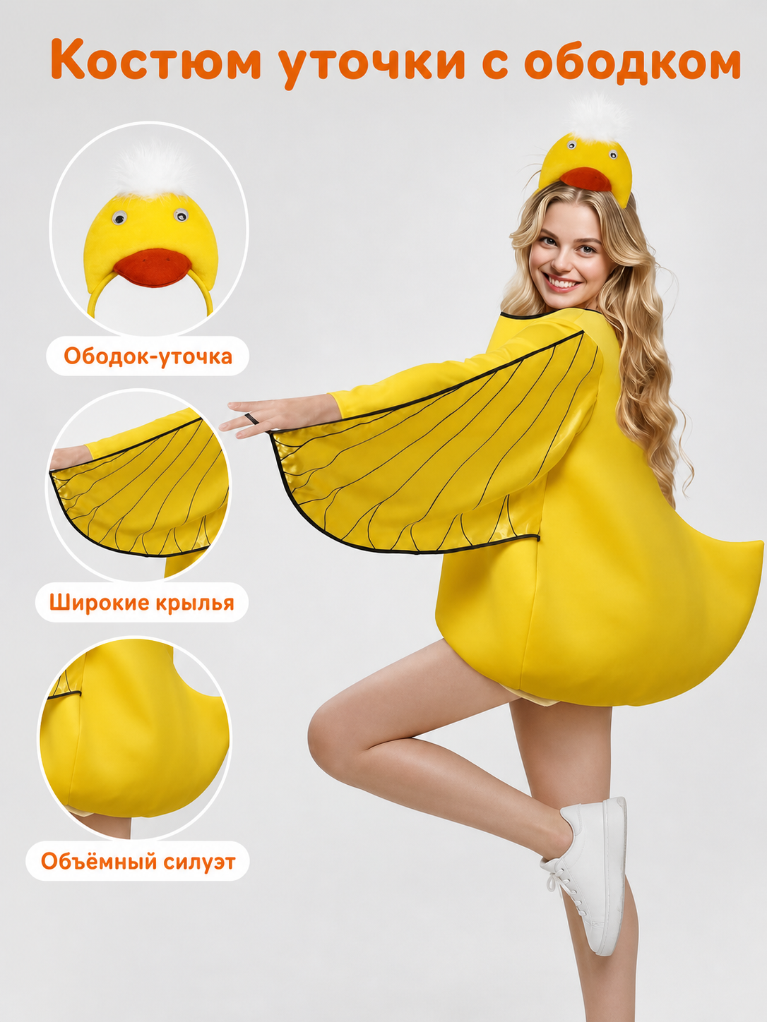 Information card showing a yellow duck costume with headband, wide wing sleeves, and a rounded silhouette