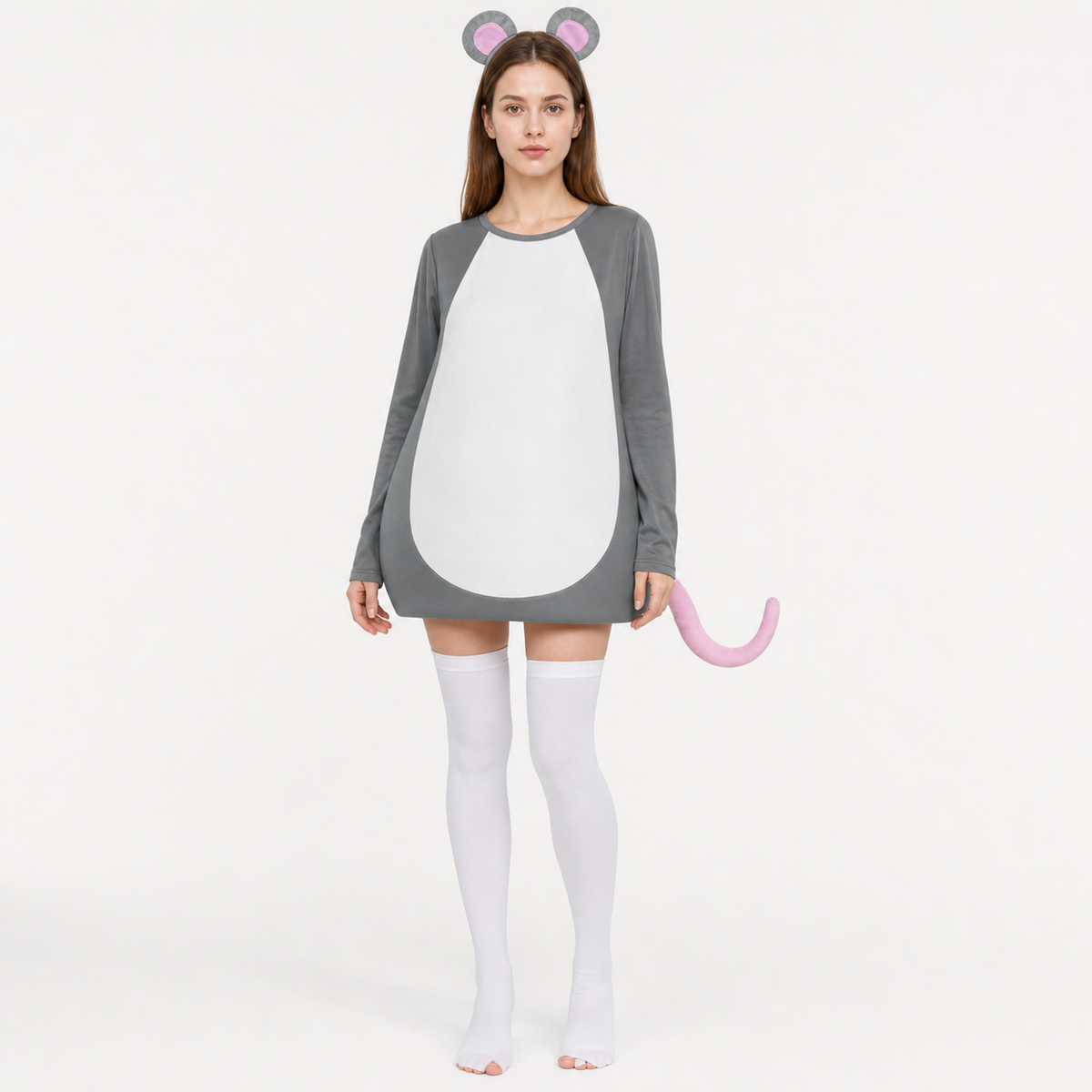 Full-body front view of a gray costume dress with white belly, pink tail, mouse ears, and white thigh-high socks