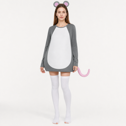 Full-body front view of a gray costume dress with white belly, pink tail, mouse ears, and white thigh-high socks