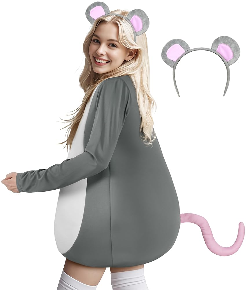 Gray costume dress with white belly, pink tail, and mouse-ear headband shown on a model from the back and side