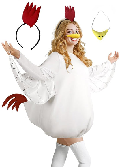 White chicken costume with wing sleeves and red tail, shown on a full-body model with a red comb headband and yellow beak accessory