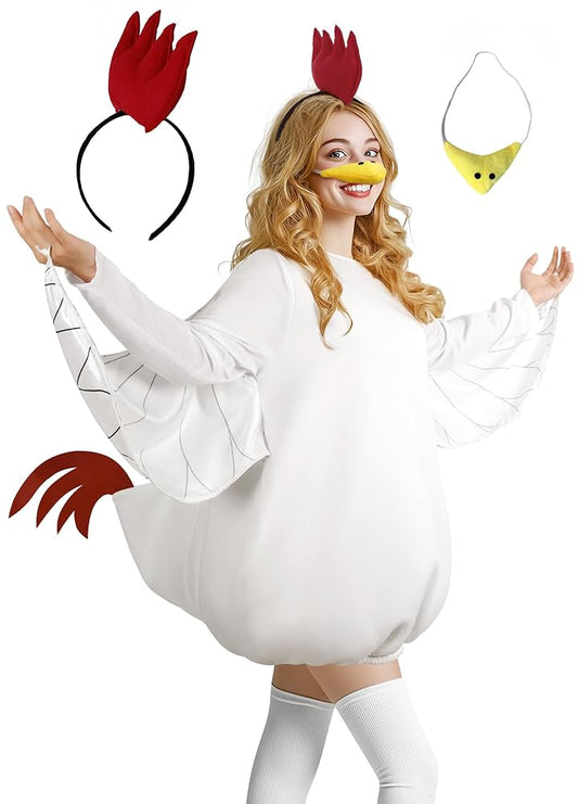 White chicken costume with wing sleeves and red tail, shown on a full-body model with a red comb headband and yellow beak accessory