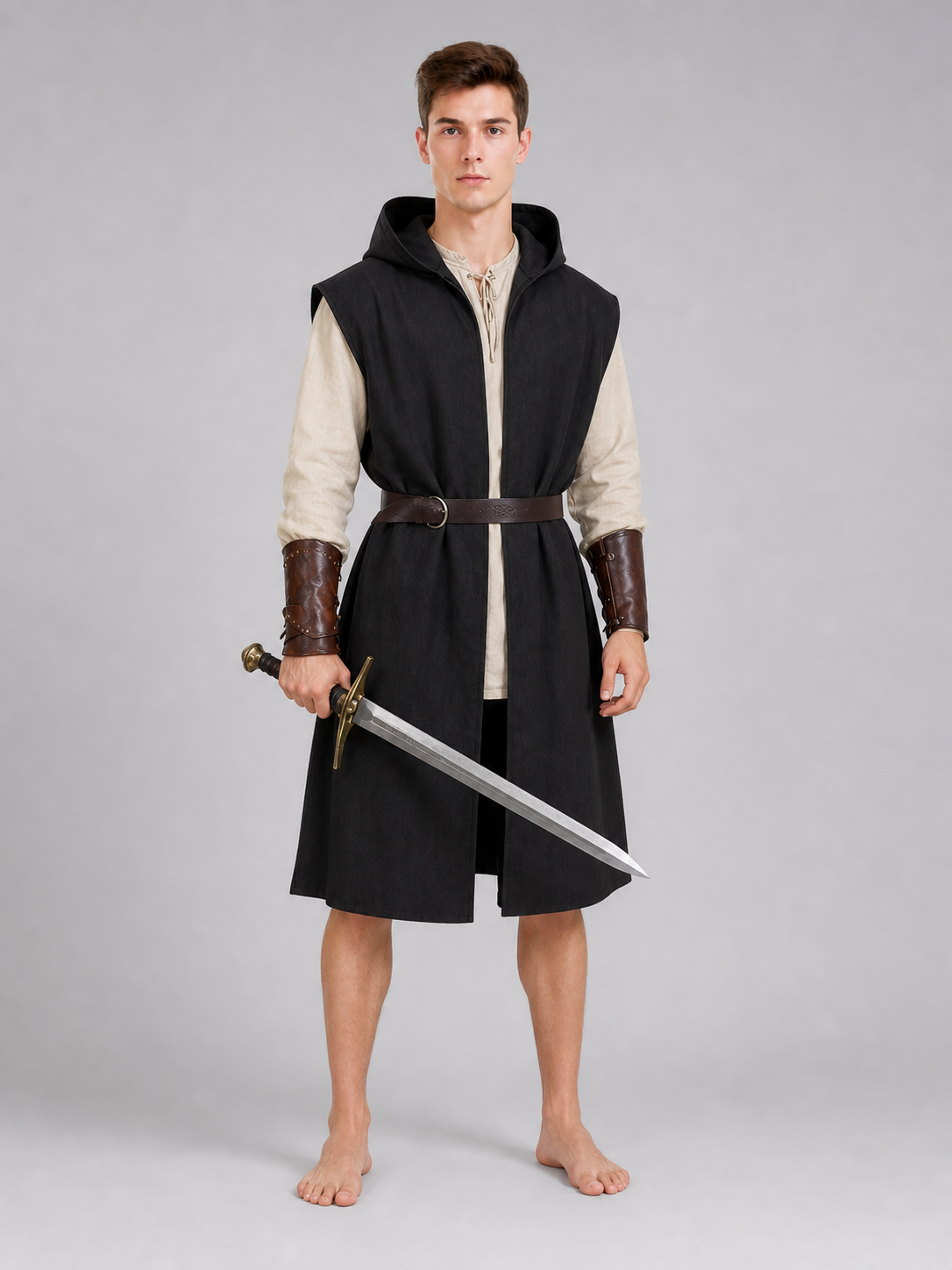 Long Sleeveless Hooded Vest, Black