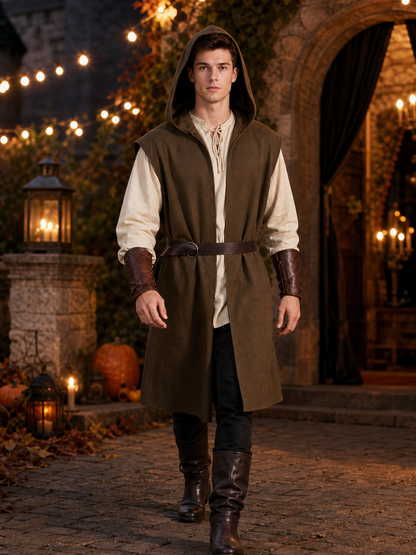 Brown hooded vest with a dark belt on a male model in a candlelit stone courtyard, shown from the front