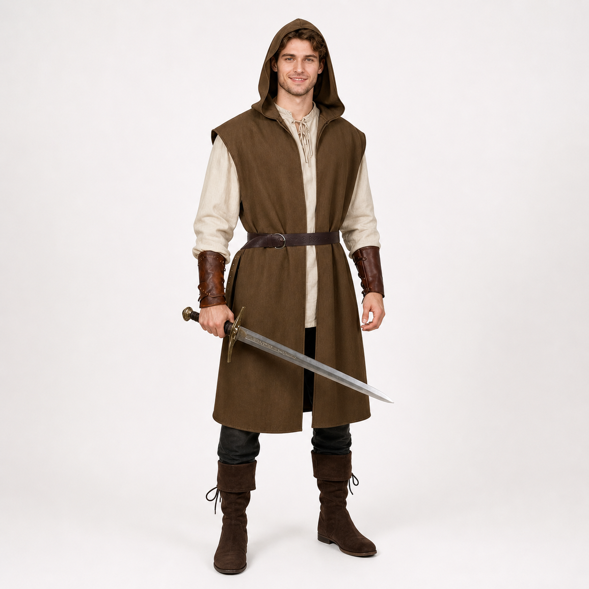Brown sleeveless hooded vest with a dark waist belt, worn over a cream shirt by a full-body male model holding a sword