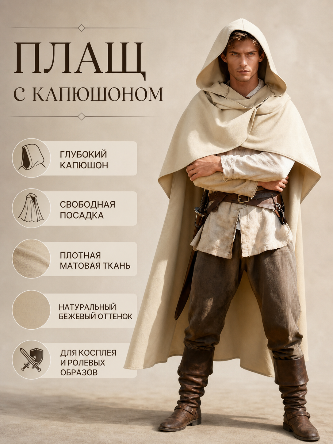 Information card showing a man wearing a beige hooded cape, with Russian text and illustrated details about the hood, fit, fabric, and color