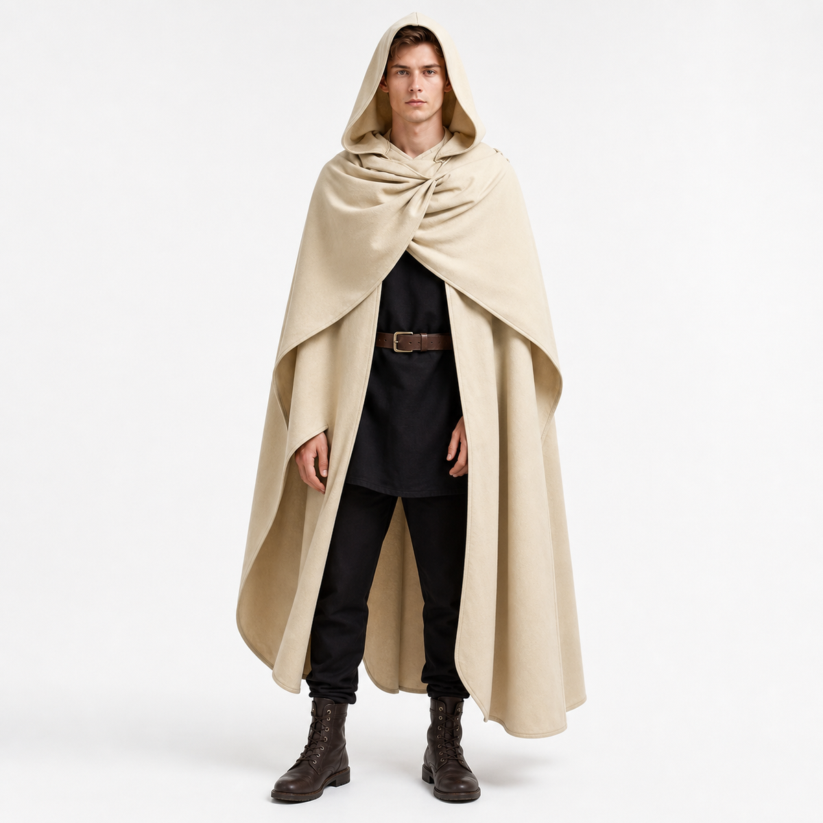 Beige hooded cape shown full-length on a man, with a draped front, pointed hood, and layered fabric over black clothing
