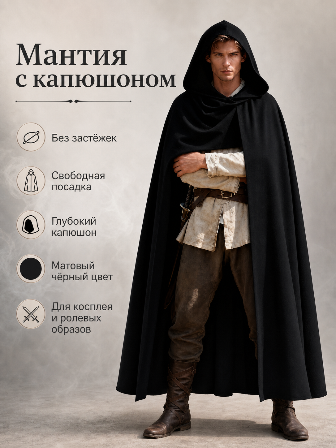 Information card showing a black hooded cloak on a costumed model, with Russian text about its features and use