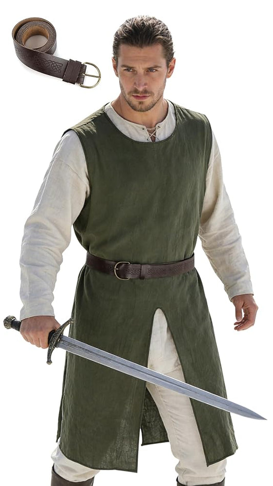 Green sleeveless tunic with a brown belt, shown on a man holding a sword against a white background