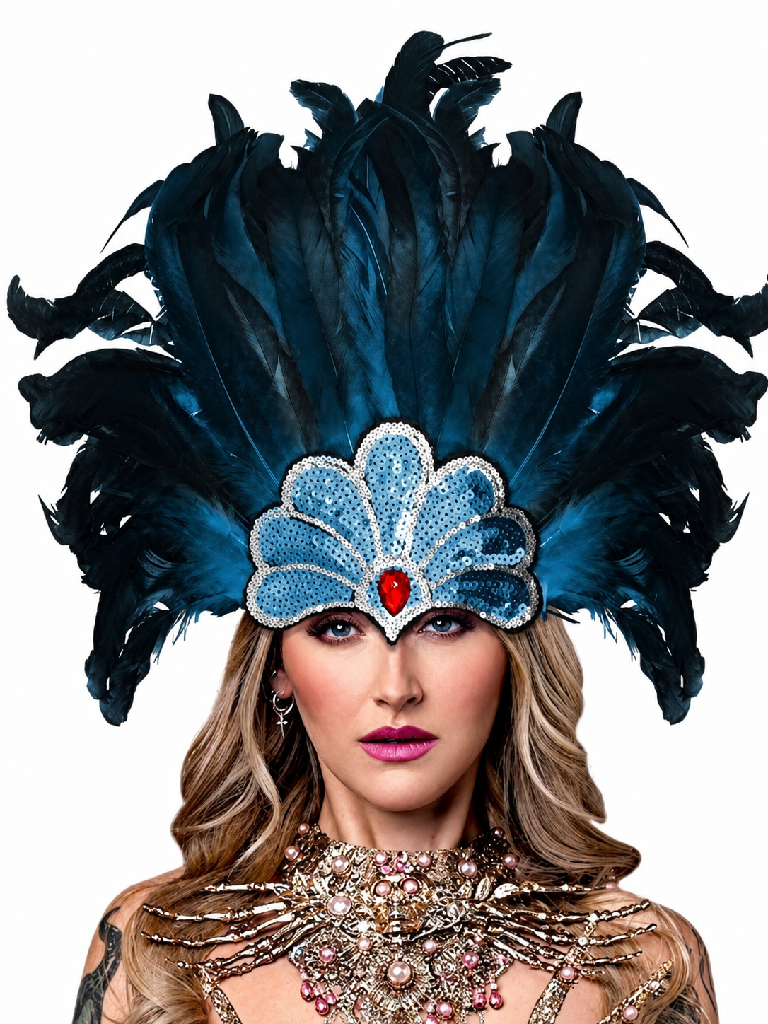 Dark blue feather headpiece with a sequined blue front panel and red teardrop centerpiece, shown in a close frontal portrait