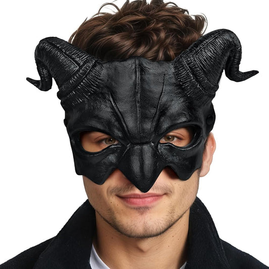 1pc Halloween Horned Demon Half Face Mask, Black Sculpted Design for Cosplay Party