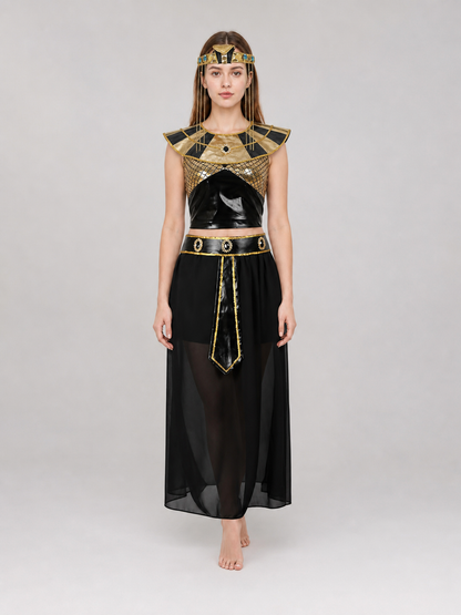 Black and gold costume shown full-body on a model, featuring a shiny sleeveless top, sheer long skirt, decorative collar, belt, and headpiece