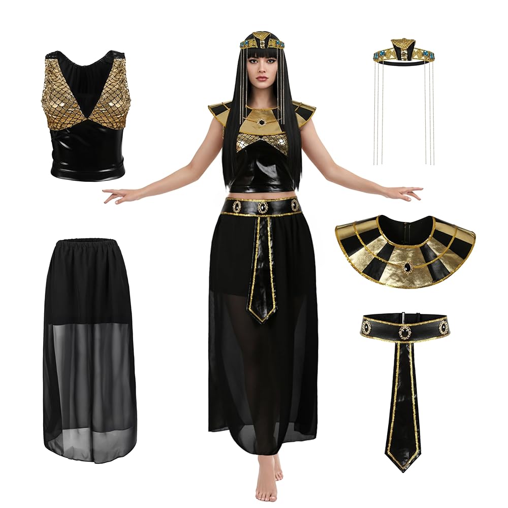 Costume set shown on a model and arranged separately, with a black shiny top, sheer skirt, gold collar, belt, headpiece, and neck tie