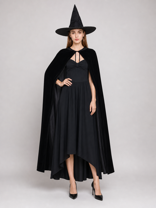 Black costume cape on a full-body model, draped over a black dress with a pointed witch hat and black heels