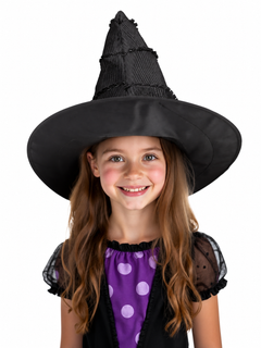 Kids' Black Witch Costume Hat with Ruffled Pointed Crown and Wide Brim
