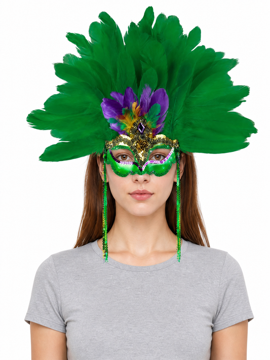 Mask with Green Feathers and Purple Details