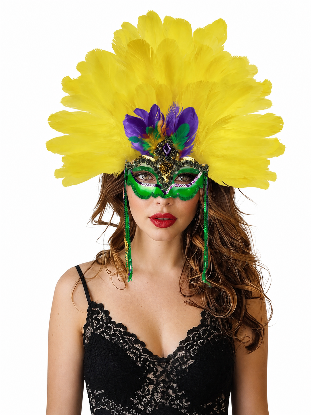 Feather headdress and green eye mask shown in a close-up portrait, featuring yellow and purple feathers, jeweled details, and hanging cords