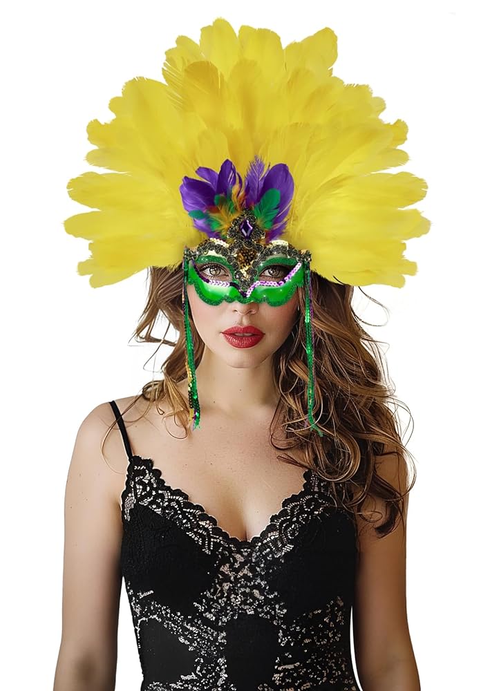 Feather headdress and green eye mask worn by a model, with yellow and purple feathers, jeweled trim, and green hanging cords