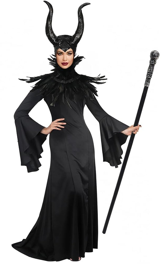 Black Gothic Witch Costume Dress With Horned Headpiece, Feather-Like Trim And Decorative Staff For Halloween Cosplay Parties