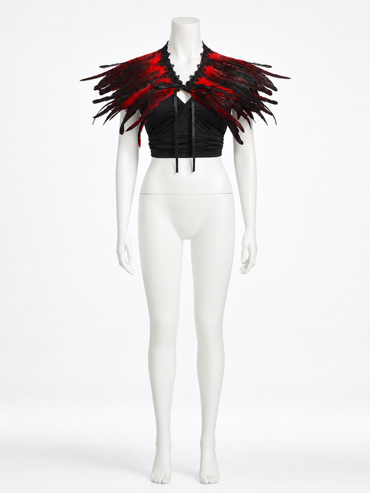Feather Lace Capelet, Black-Red Gradient Feather Shoulder Cape, Black Bow Tie Front, Multi-Layer Trim, Halloween Costume Cosplay Stage Performance