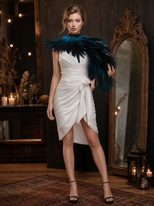 Asymmetrical Feather Cape, 1 Piece, Layered Teal/Dark Blue/Black Feather Trim, Right Side Long Feather Drape, Neckline Feather Decor, Costume Cape