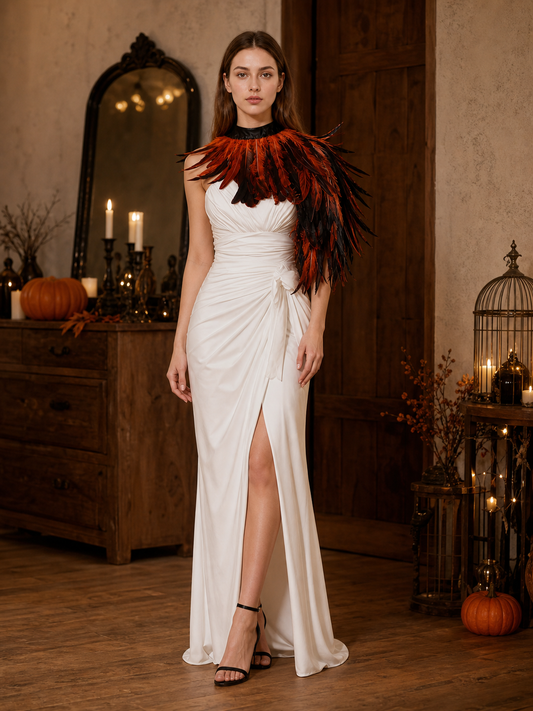 Halloween Feather Cape Costume One-Shoulder Asymmetric Shawl, Orange-Black Long Feathers, Black High Neck Collar for Cosplay Theme Party Stage