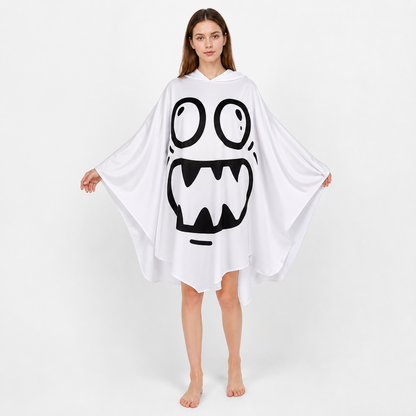 White hooded poncho costume with a black cartoon ghost face and wide draped sleeves, shown full-body on a model