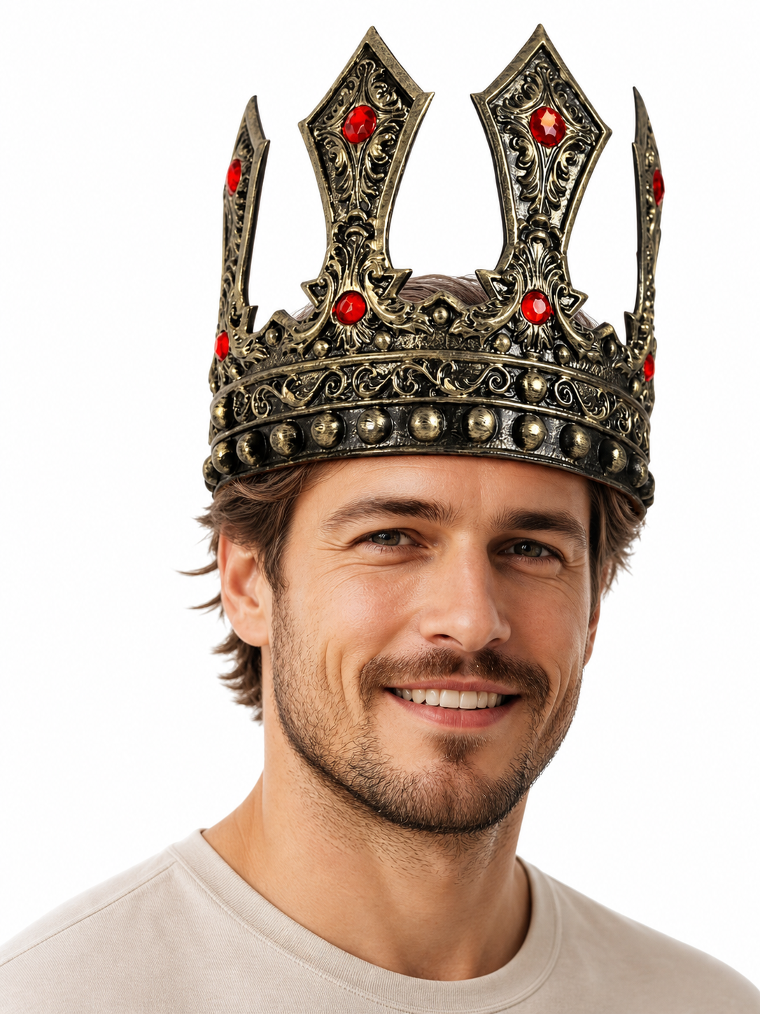Detailed antique gold crown with red rhinestones and rounded studs, shown from a front three-quarter angle on a model