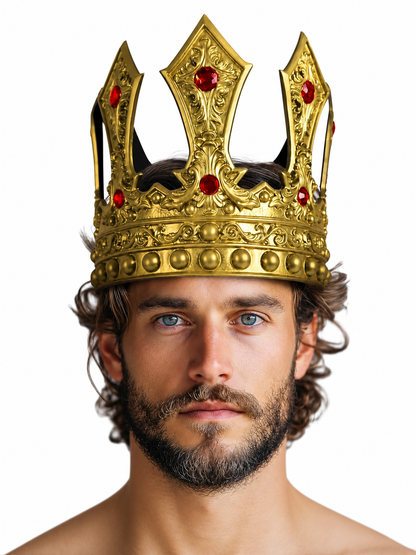 Gold ornate crown with red stones, shown in a close front view on a bare-shouldered man