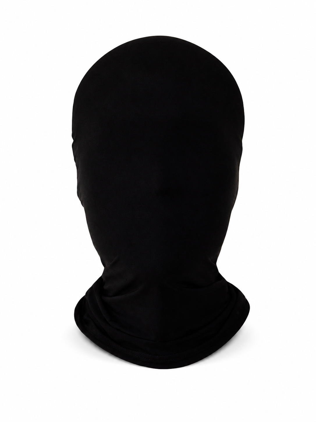 Black full-face fabric mask shown from the front against a white background, with a gathered neck covering