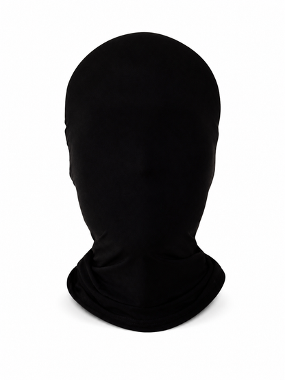 Black full-face fabric mask shown from the front against a white background, with a gathered neck covering