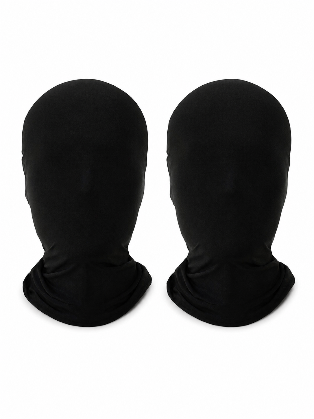 Two black full-face fabric masks shown upright against a white background, with gathered neck coverings