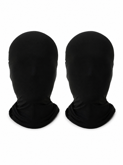Two black full-face fabric masks shown upright against a white background, with gathered neck coverings