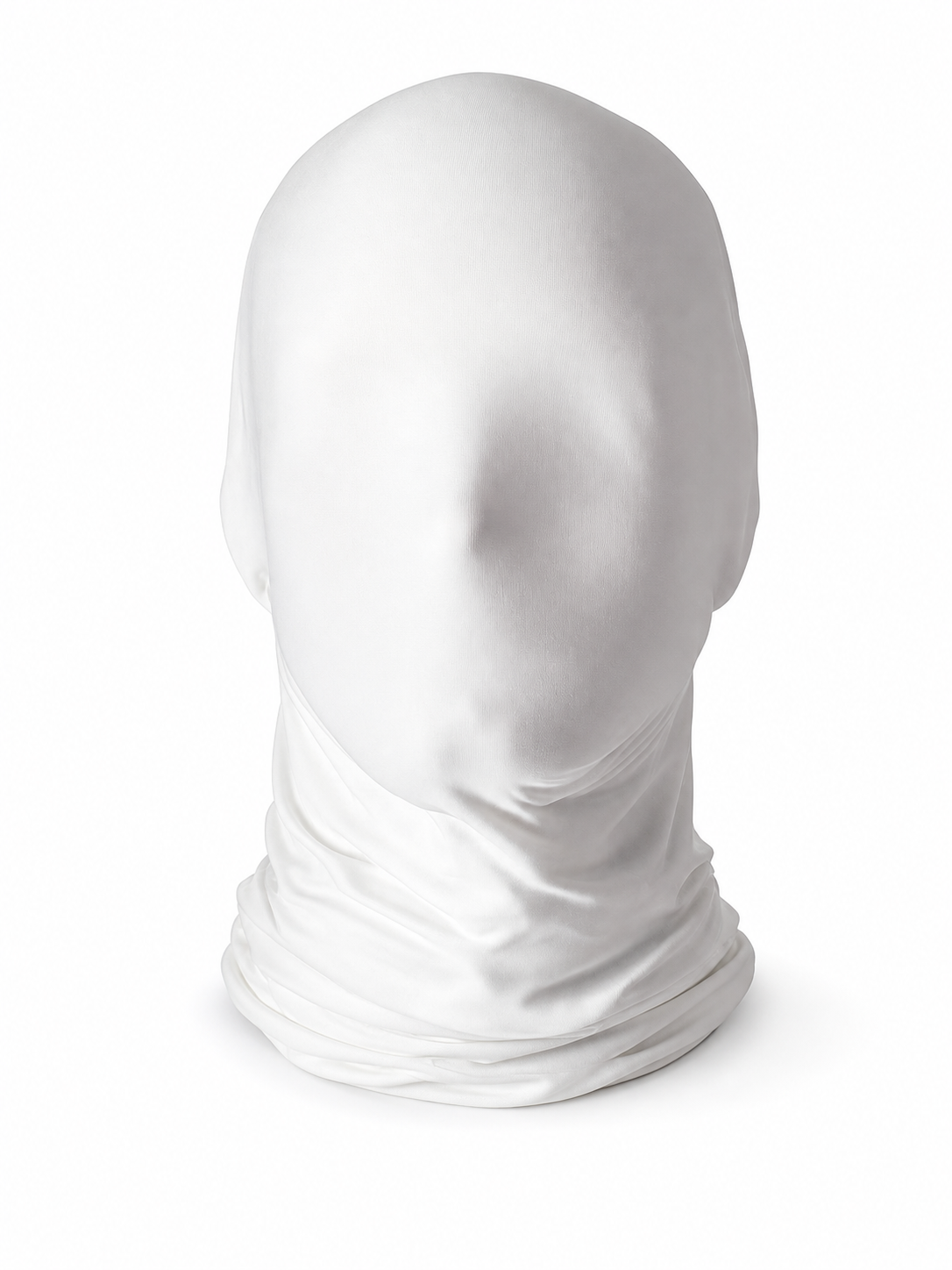 White smooth fabric hood mask shown from the back on a stand, covering the head and neck with gathered folds around the base