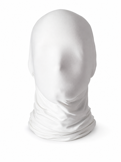 White smooth fabric hood mask shown from the back on a stand, covering the head and neck with gathered folds around the base